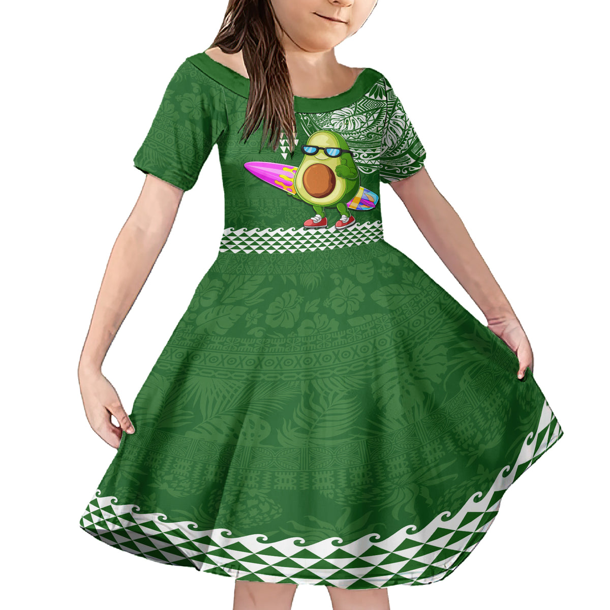 Hawaii Family Matching Short Sleeve Bodycon Dress and Hawaiian Shirt Aloha Funny Avocado Mix Kakau Hawaiian Tribal LT03 Daughter's Dress Green - Polynesian Pride
