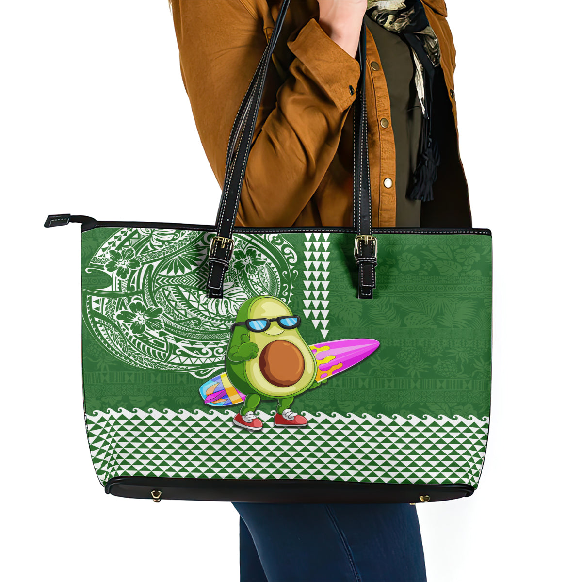 Hawaii Leather Tote Bag Aloha Funny Avocado Mix Kakau Hawaiian Tribal LT03 - Polynesian Pride