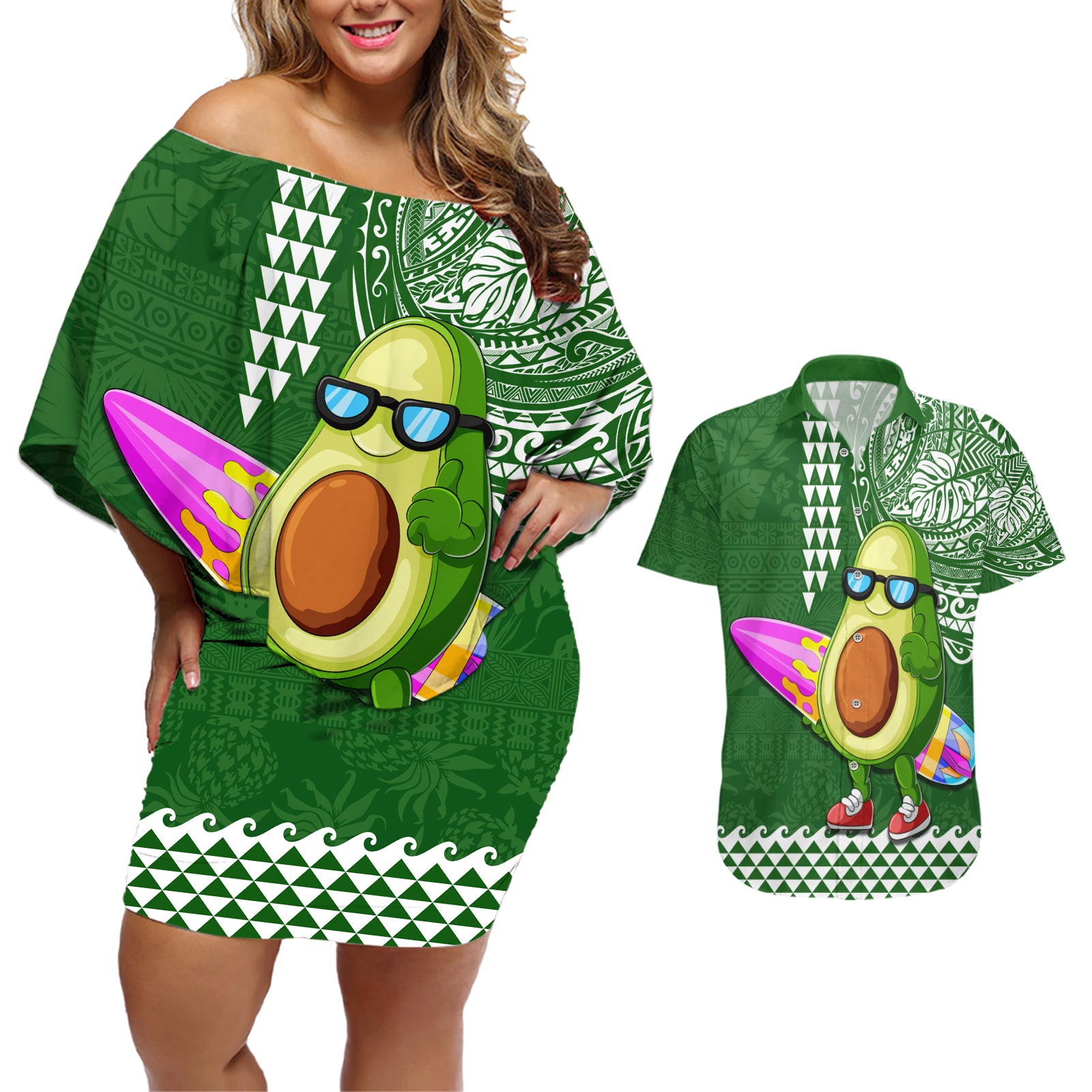 Aloha Avocado Funny Fruits Custom Couples Matching Off Shoulder Short Dress and Hawaiian Shirt Mix Hawaiian Kakau Tribal LT03 Green - Polynesian Pride