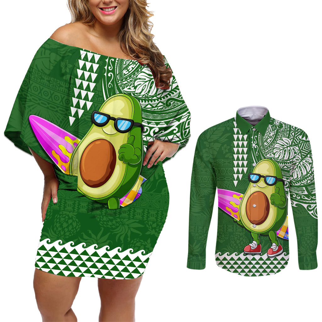 Aloha Avocado Funny Fruits Custom Couples Matching Off Shoulder Short Dress and Long Sleeve Button Shirt Mix Hawaiian Kakau Tribal LT03 Green - Polynesian Pride