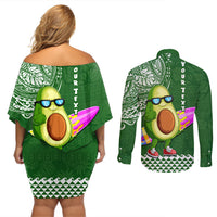 Aloha Avocado Funny Fruits Custom Couples Matching Off Shoulder Short Dress and Long Sleeve Button Shirt Mix Hawaiian Kakau Tribal LT03 - Polynesian Pride