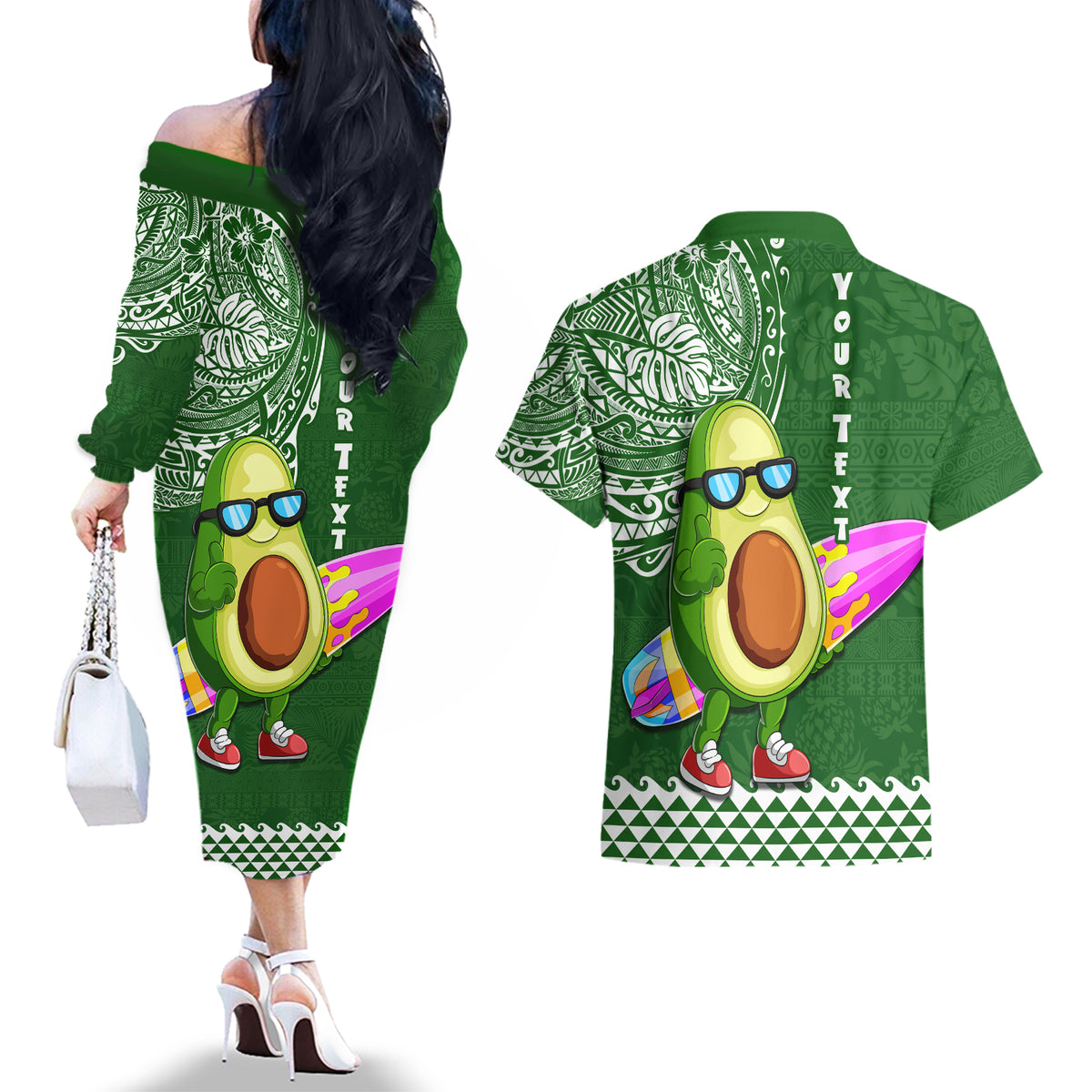 Aloha Avocado Funny Fruits Custom Couples Matching Off The Shoulder Long Sleeve Dress and Hawaiian Shirt Mix Hawaiian Kakau Tribal LT03 - Polynesian Pride