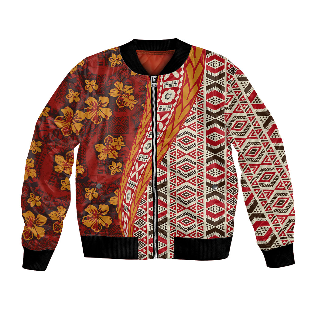 Hawaii Native Tapa Elements and Hibiscus Flowers Bomber Jacket LT03 Unisex Red - Polynesian Pride