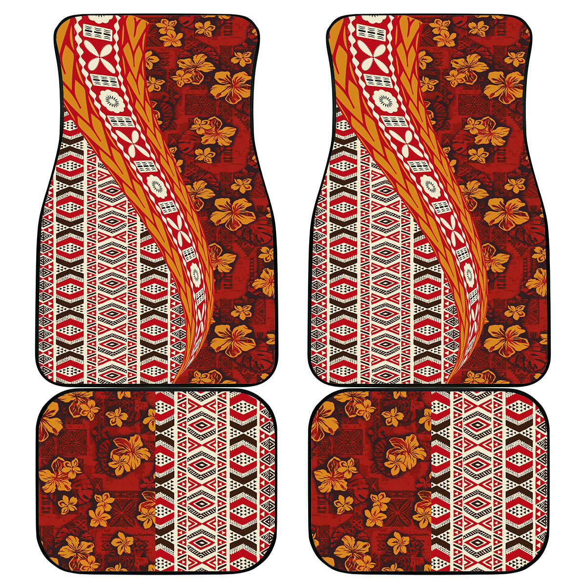 Hawaii Native Tapa Elements and Hibiscus Flowers Car Mats LT03 Red - Polynesian Pride