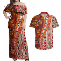 Hawaii Native Tapa Elements and Hibiscus Flowers Couples Matching Off Shoulder Maxi Dress and Hawaiian Shirt LT03 Red - Polynesian Pride