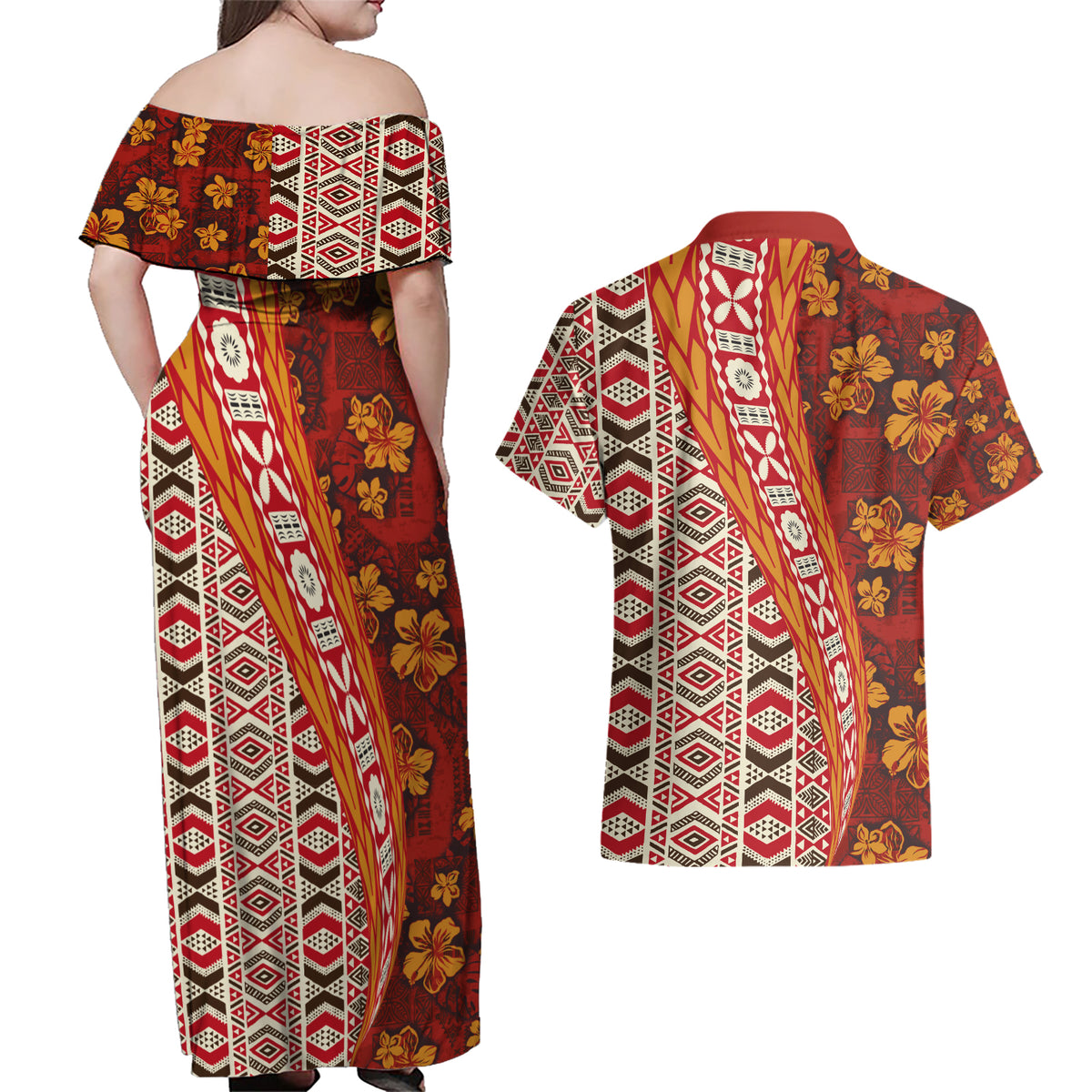 Hawaii Native Tapa Elements and Hibiscus Flowers Couples Matching Off Shoulder Maxi Dress and Hawaiian Shirt LT03 - Polynesian Pride
