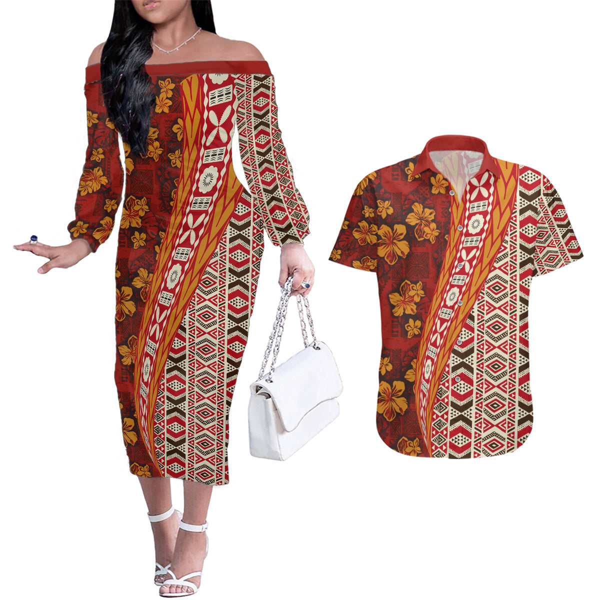 Hawaii Native Tapa Elements and Hibiscus Flowers Couples Matching Off The Shoulder Long Sleeve Dress and Hawaiian Shirt LT03 Red - Polynesian Pride