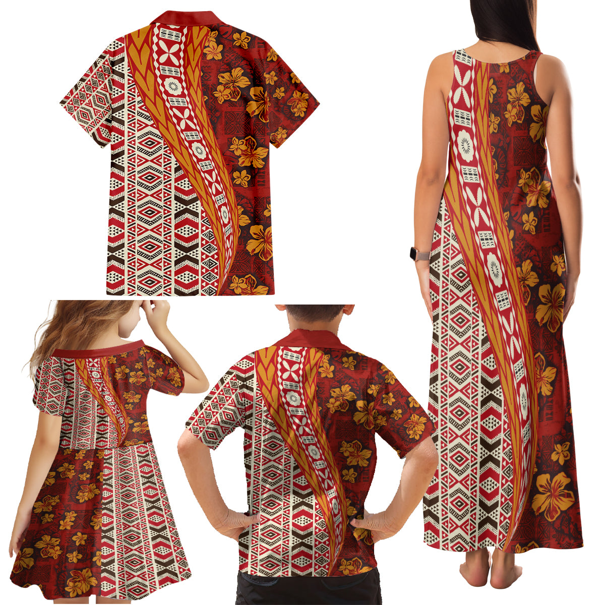 Hawaii Native Tapa Elements and Hibiscus Flowers Family Matching Tank Maxi Dress and Hawaiian Shirt LT03 - Polynesian Pride