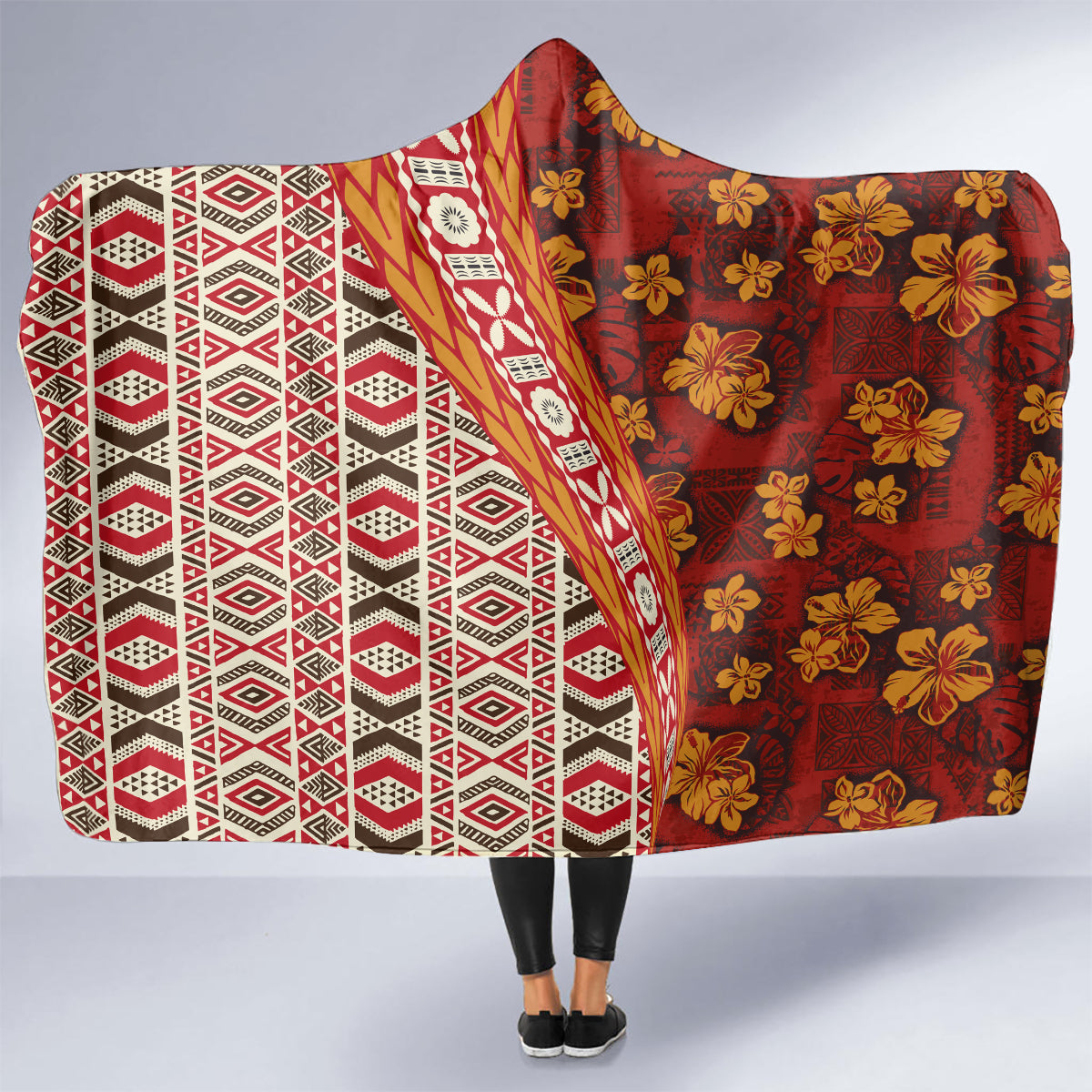 Hawaii Native Tapa Elements and Hibiscus Flowers Hooded Blanket LT03 - Polynesian Pride