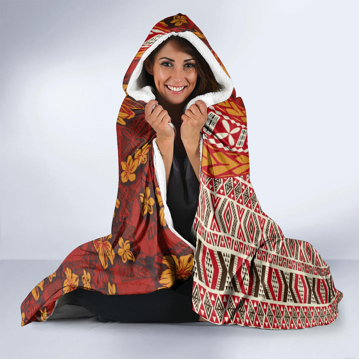 Hawaii Native Tapa Elements and Hibiscus Flowers Hooded Blanket LT03 - Polynesian Pride