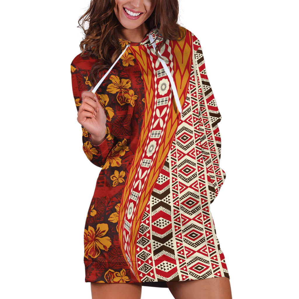 Hawaii Native Tapa Elements and Hibiscus Flowers Hoodie Dress LT03 Red - Polynesian Pride