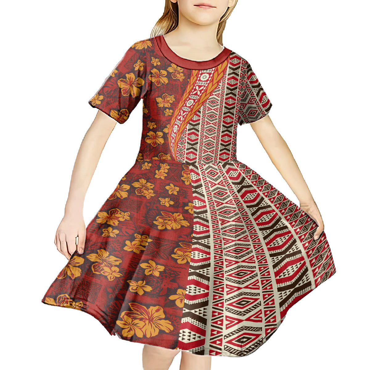 Hawaii Native Tapa Elements and Hibiscus Flowers Kid Short Sleeve Dress LT03 - Polynesian Pride