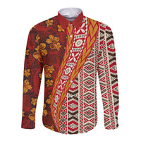 Hawaii Native Tapa Elements and Hibiscus Flowers Long Sleeve Button Shirt LT03 Unisex Red - Polynesian Pride
