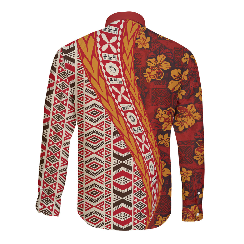 Hawaii Native Tapa Elements and Hibiscus Flowers Long Sleeve Button Shirt LT03 - Polynesian Pride