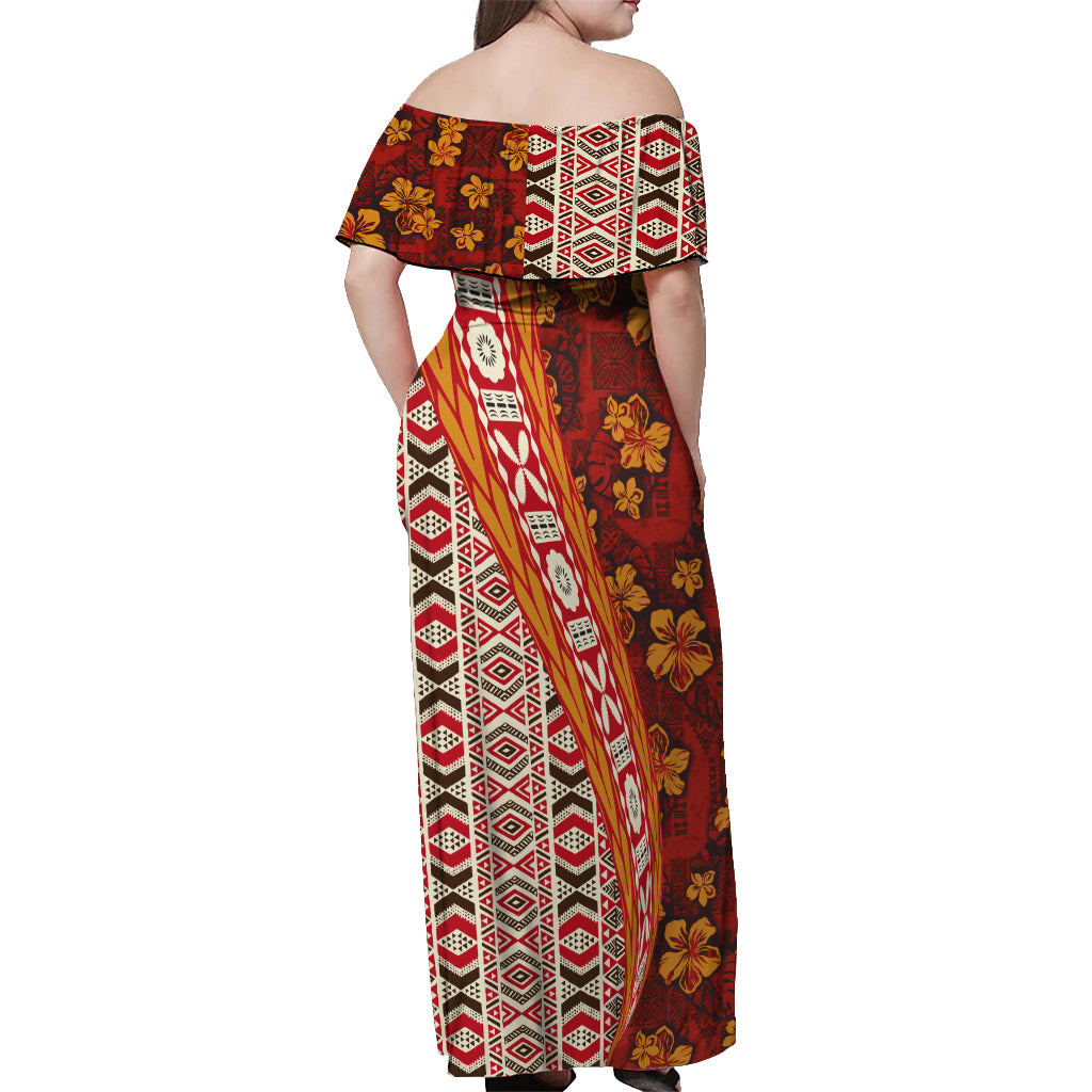 Hawaii Native Tapa Elements and Hibiscus Flowers Off Shoulder Maxi Dress LT03 - Polynesian Pride
