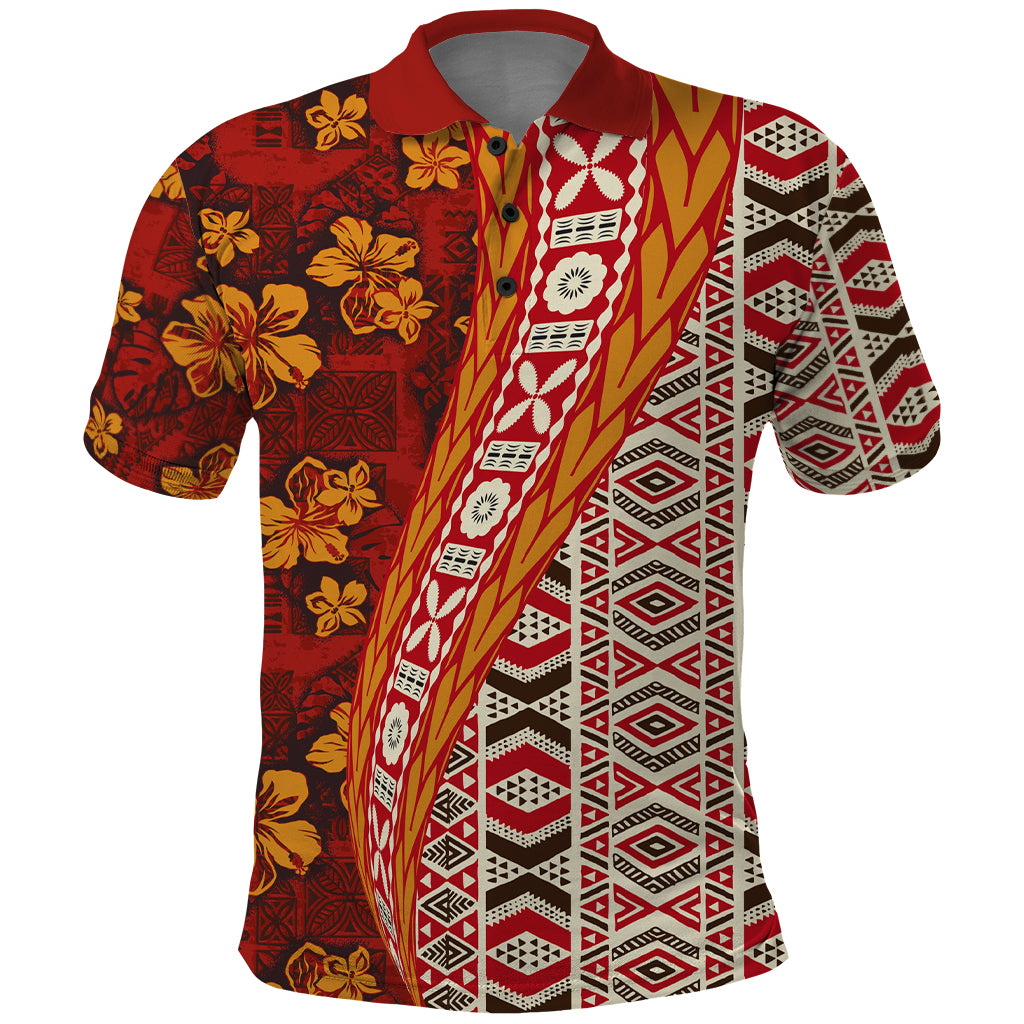 Hawaii Native Tapa Elements and Hibiscus Flowers Polo Shirt LT03 Red - Polynesian Pride
