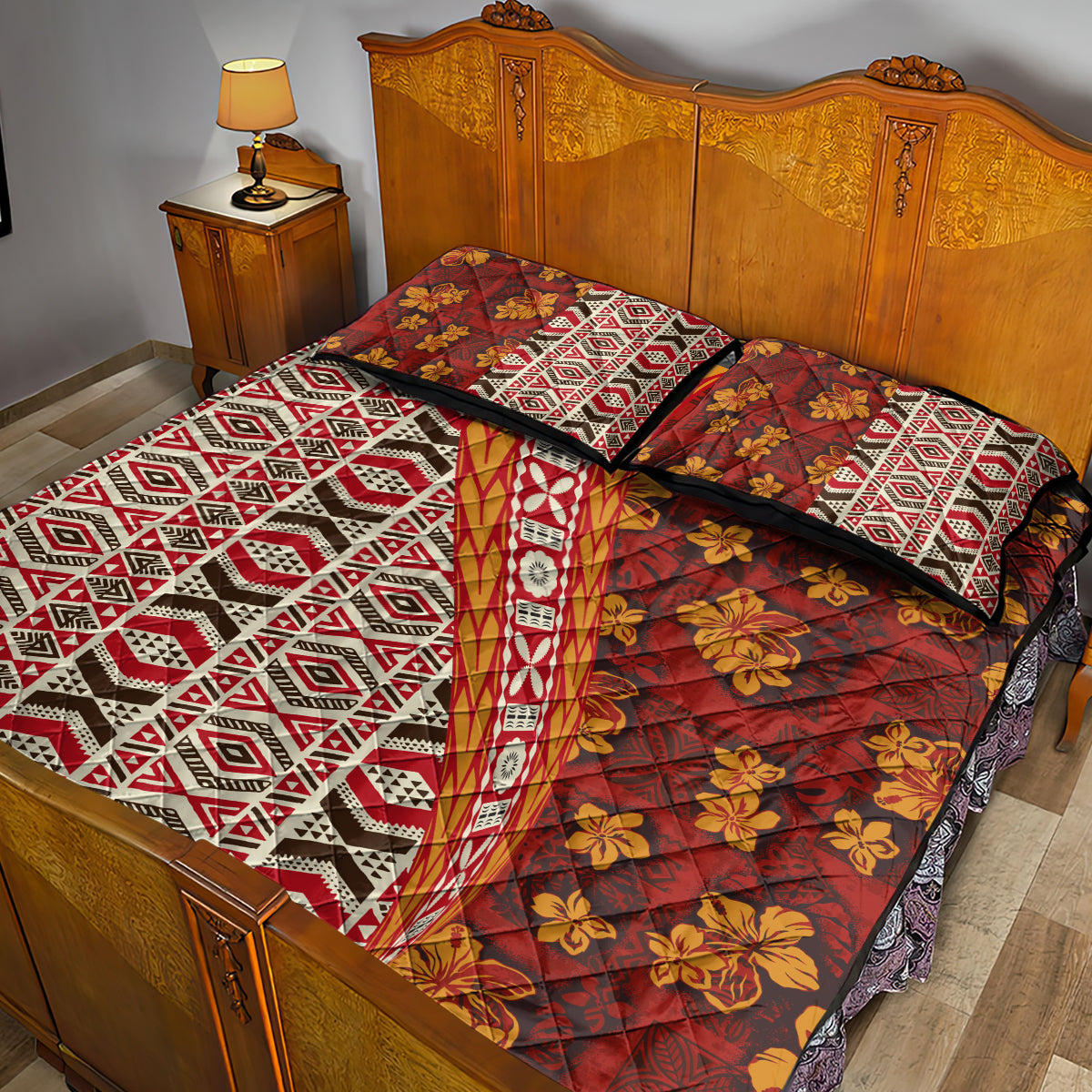 Hawaii Native Tapa Elements and Hibiscus Flowers Quilt Bed Set LT03 - Polynesian Pride