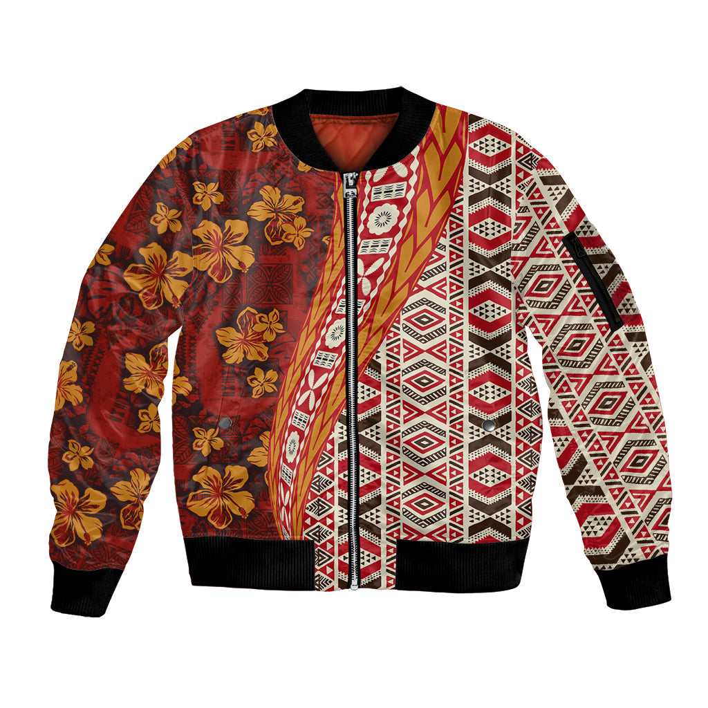 Hawaii Native Tapa Elements and Hibiscus Flowers Sleeve Zip Bomber Jacket LT03 Unisex Red - Polynesian Pride