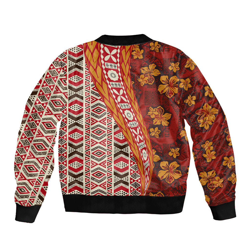 Hawaii Native Tapa Elements and Hibiscus Flowers Sleeve Zip Bomber Jacket LT03 - Polynesian Pride