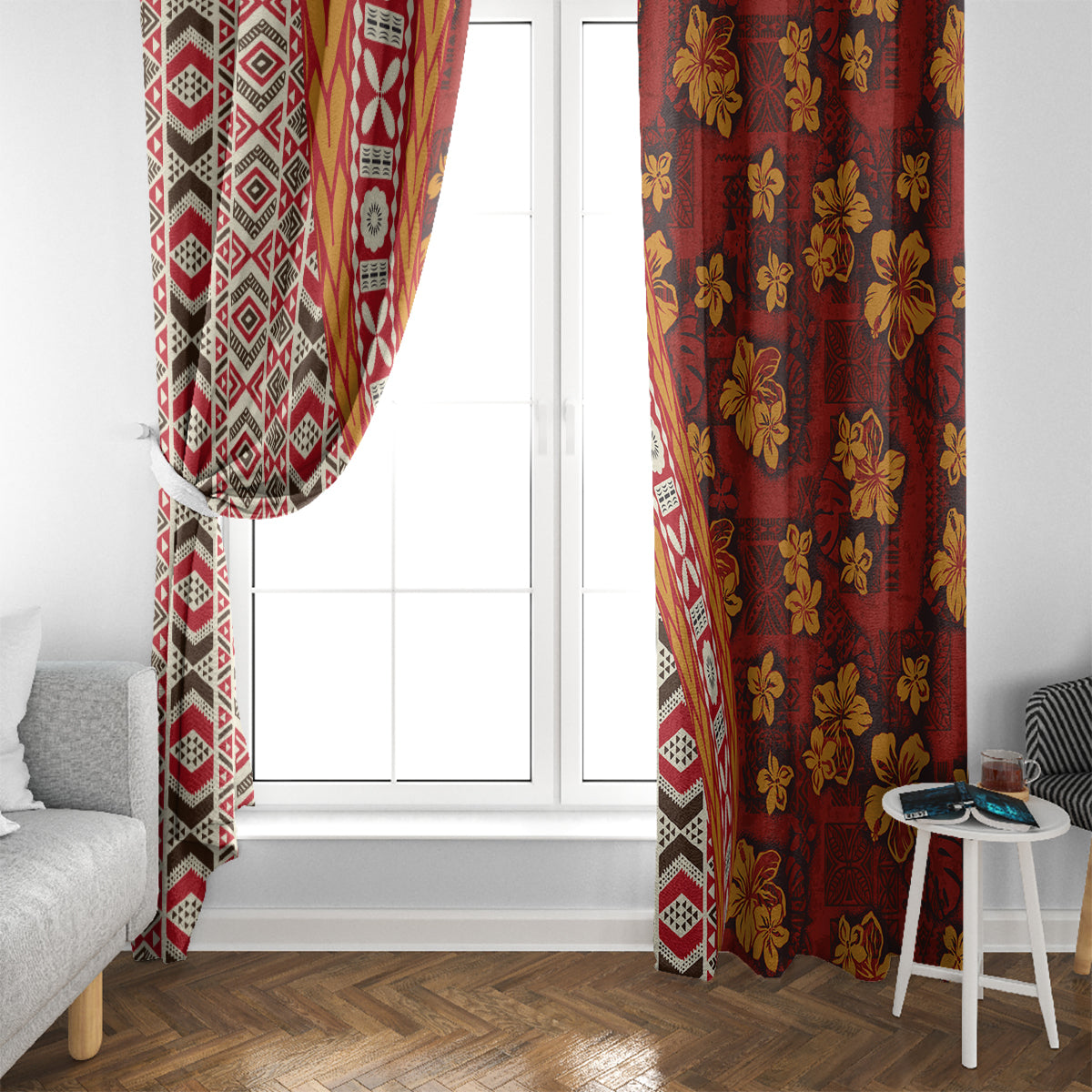 Hawaii Native Tapa Elements and Hibiscus Flowers Window Curtain LT03 - Polynesian Pride