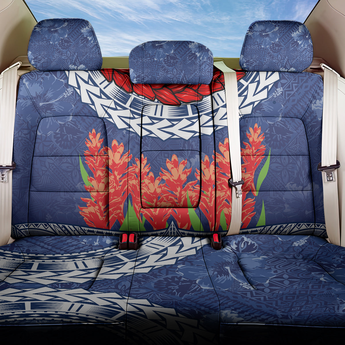 Samoan Tapa Back Car Seat Cover Ula Fala and Teuila Flower LT03 One Size Blue - Polynesian Pride