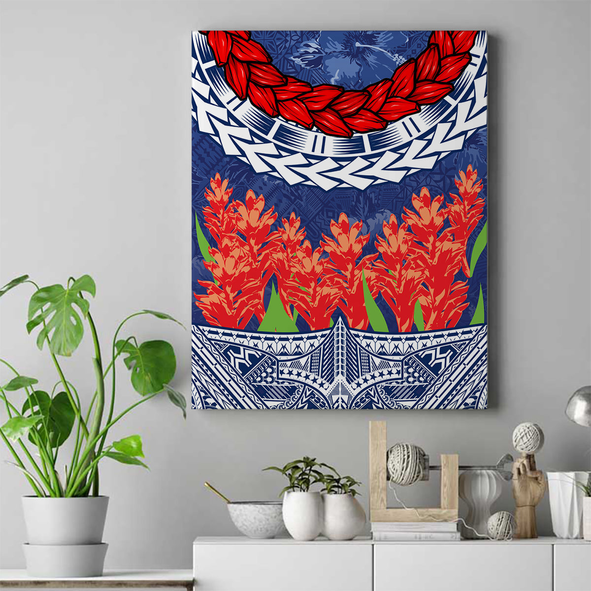 Samoan Tapa Canvas Wall Art Ula Fala and Teuila Flower LT03 Blue - Polynesian Pride