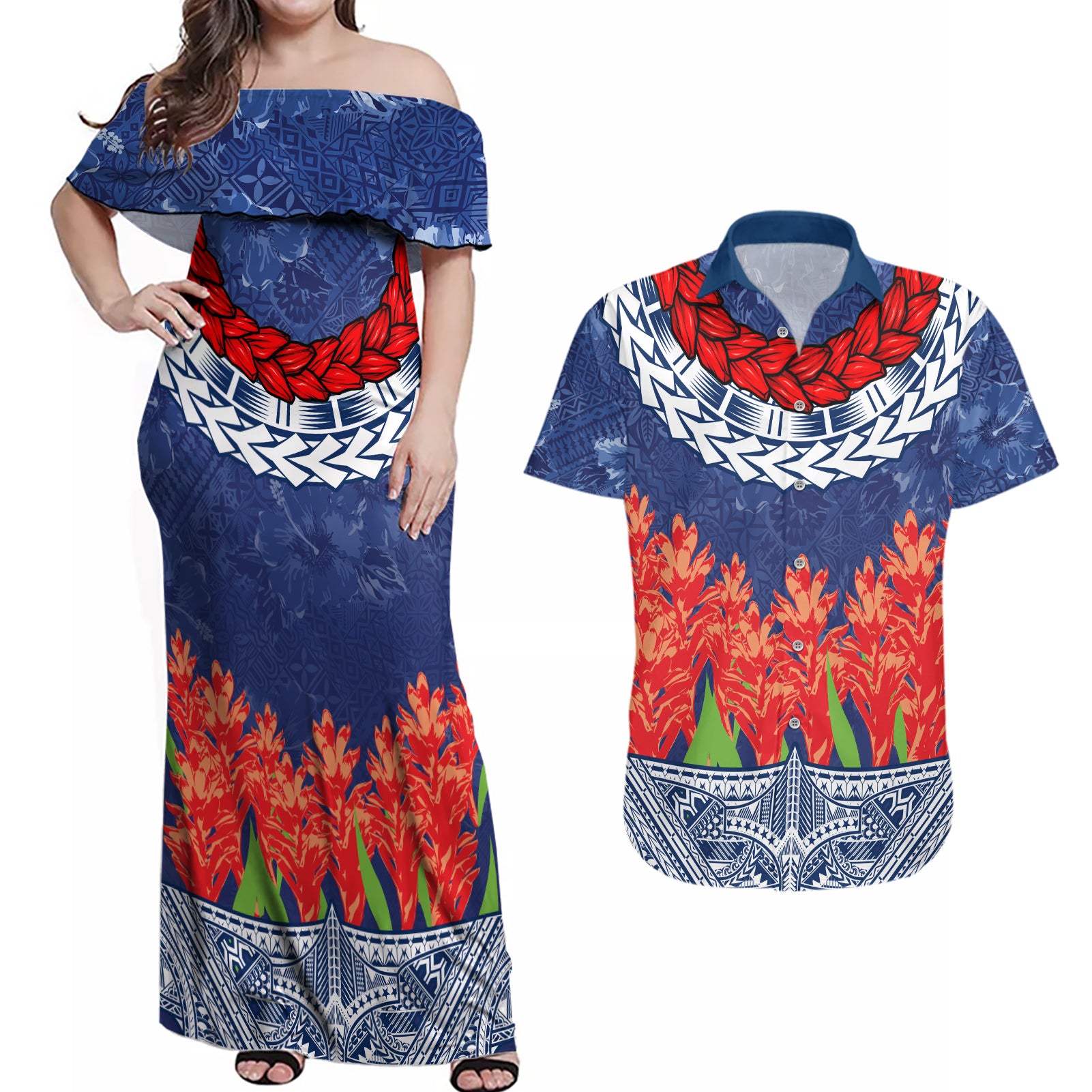 Samoan Tapa Couples Matching Off Shoulder Maxi Dress and Hawaiian Shirt Ula Fala and Teuila Flower LT03 Blue - Polynesian Pride