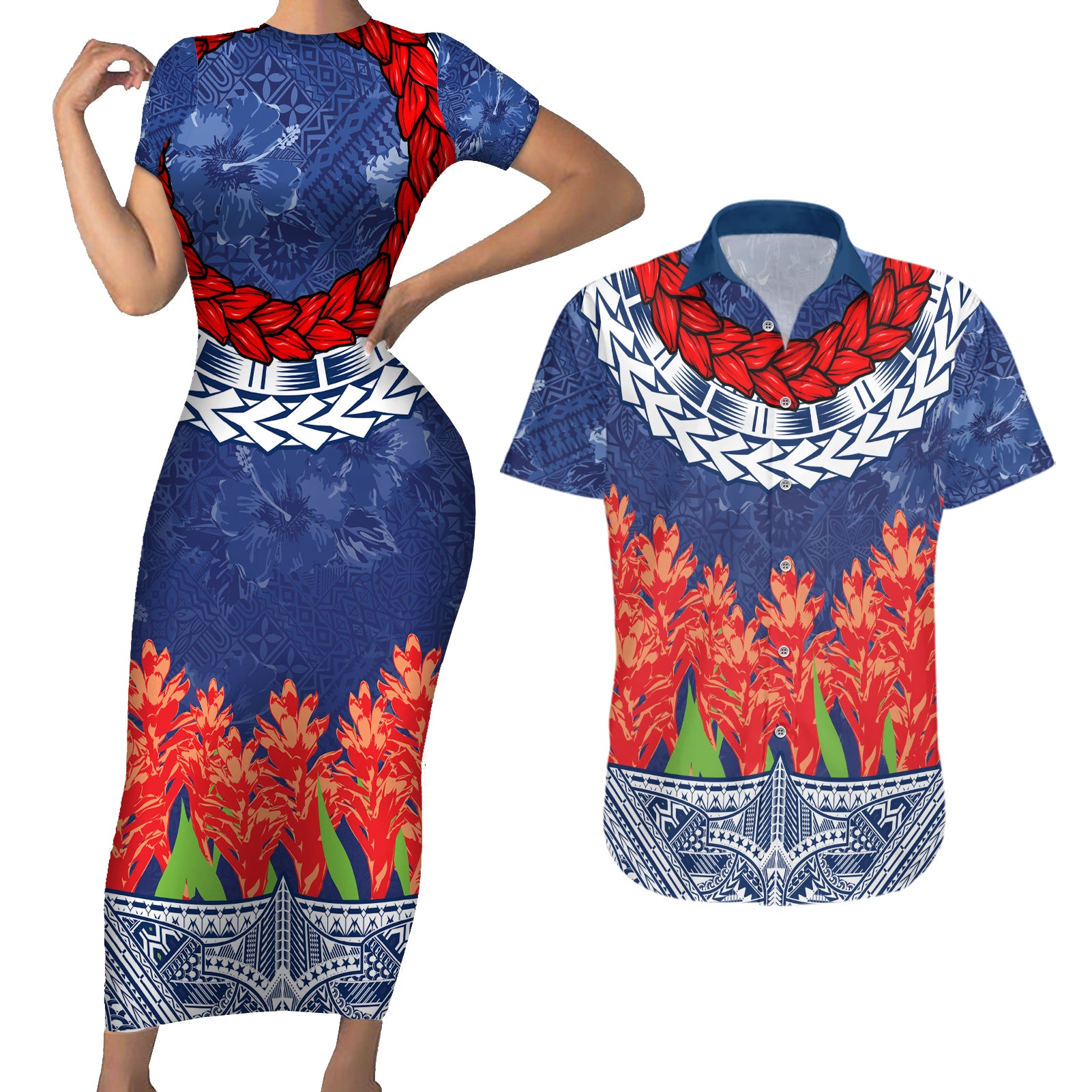 Samoan Tapa Couples Matching Short Sleeve Bodycon Dress and Hawaiian Shirt Ula Fala and Teuila Flower LT03 Blue - Polynesian Pride