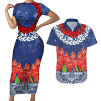 Samoan Tapa Couples Matching Short Sleeve Bodycon Dress and Hawaiian Shirt Ula Fala and Teuila Flower LT03 Blue - Polynesian Pride