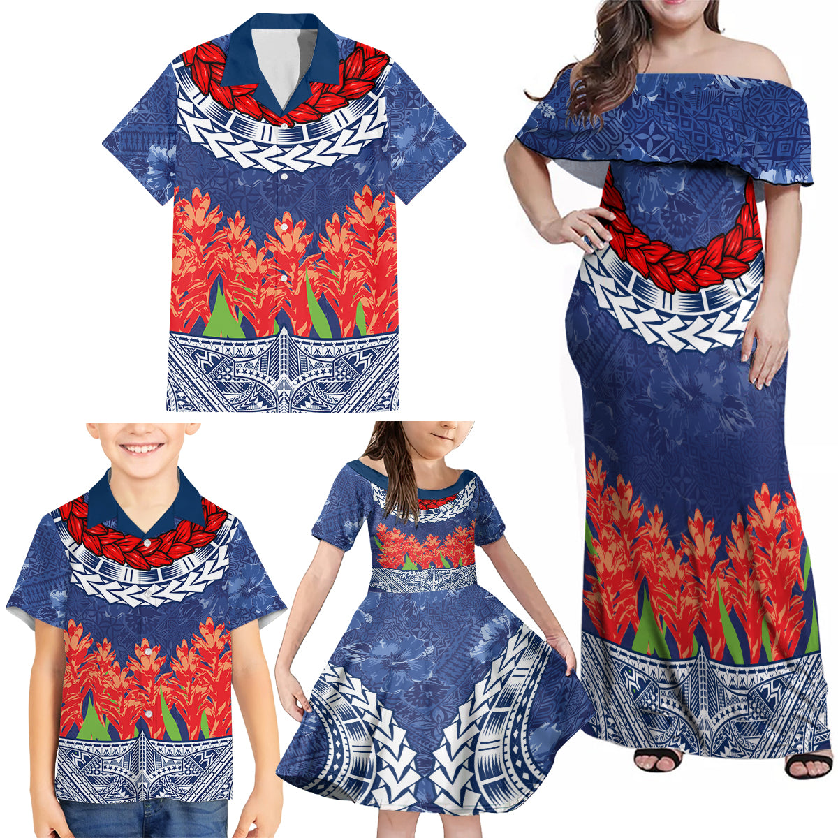 Samoan Tapa Family Matching Off Shoulder Maxi Dress and Hawaiian Shirt Ula Fala and Teuila Flower LT03 - Polynesian Pride