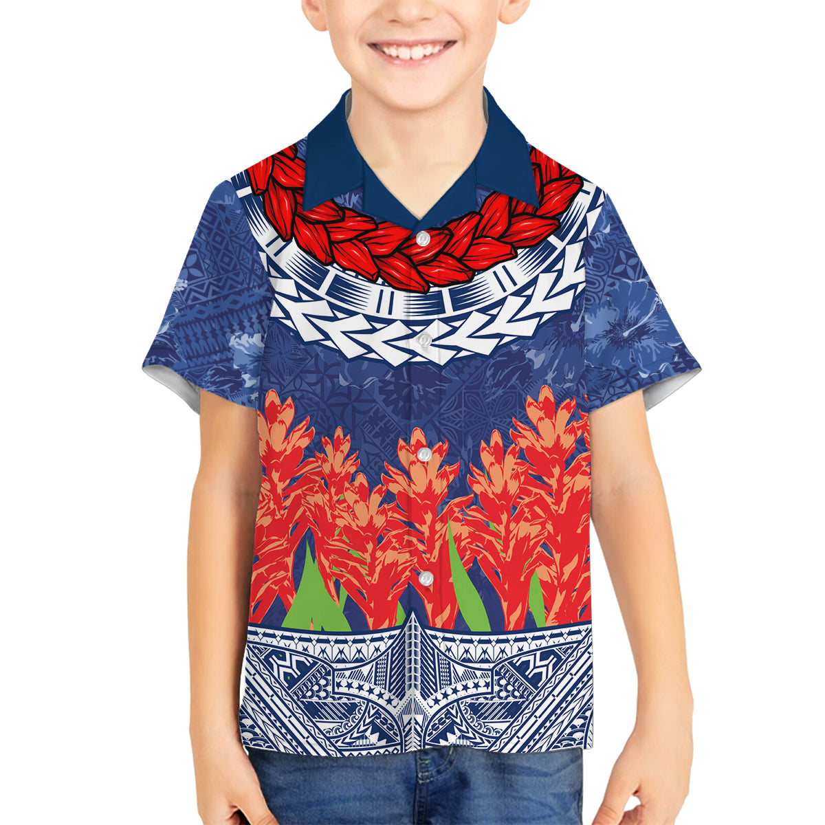 Samoan Tapa Family Matching Off Shoulder Maxi Dress and Hawaiian Shirt Ula Fala and Teuila Flower LT03 Son's Shirt Blue - Polynesian Pride