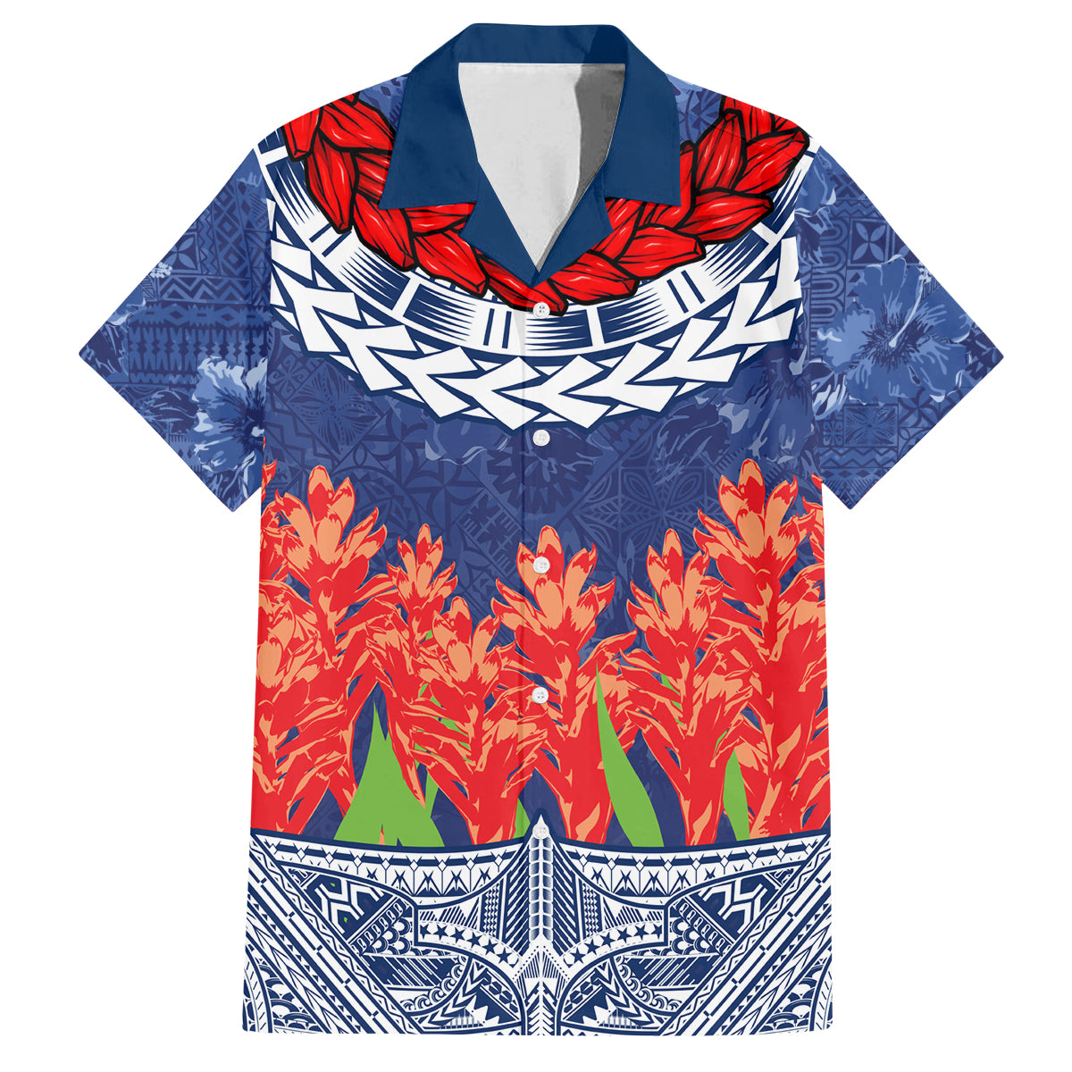 Samoan Tapa Family Matching Summer Maxi Dress and Hawaiian Shirt Ula Fala and Teuila Flower LT03 Dad's Shirt - Short Sleeve Blue - Polynesian Pride