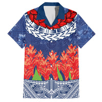 Samoan Tapa Family Matching Summer Maxi Dress and Hawaiian Shirt Ula Fala and Teuila Flower LT03 Dad's Shirt - Short Sleeve Blue - Polynesian Pride