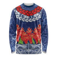 Samoan Tapa Long Sleeve Shirt Ula Fala and Teuila Flower LT03 Unisex Blue - Polynesian Pride