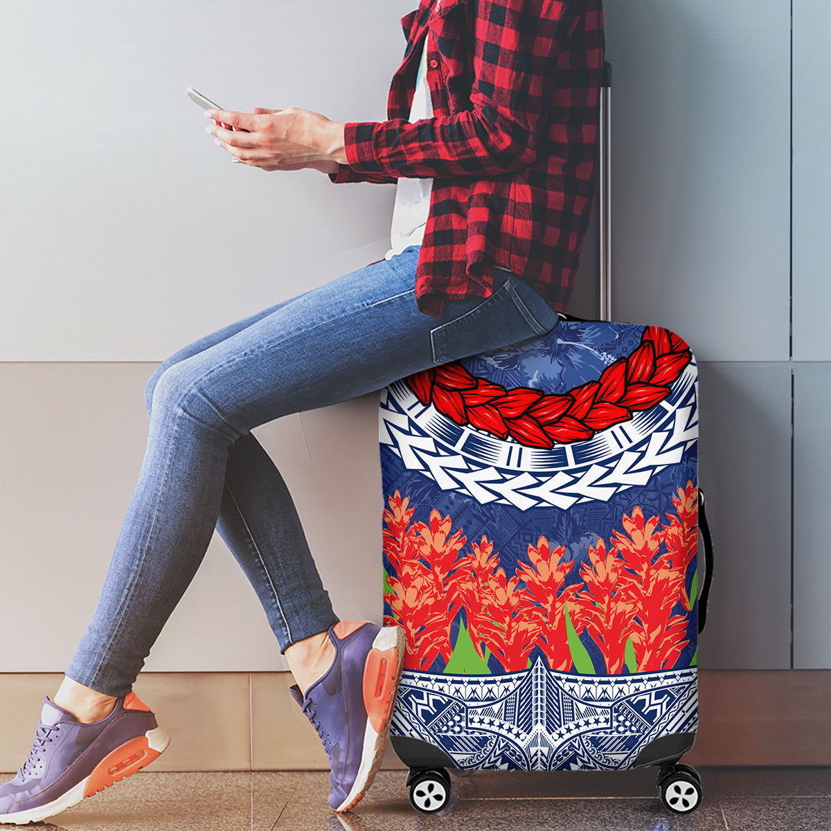 Samoan Tapa Luggage Cover Ula Fala and Teuila Flower LT03 - Polynesian Pride
