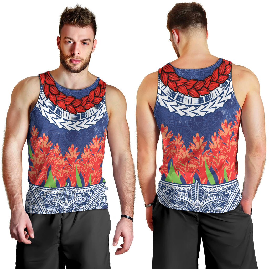Samoan Tapa Men Tank Top Ula Fala and Teuila Flower LT03 - Polynesian Pride