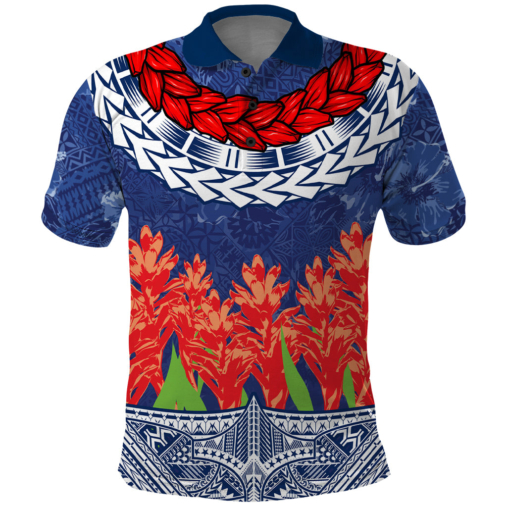 Samoan Tapa Polo Shirt Ula Fala and Teuila Flower LT03 Blue - Polynesian Pride