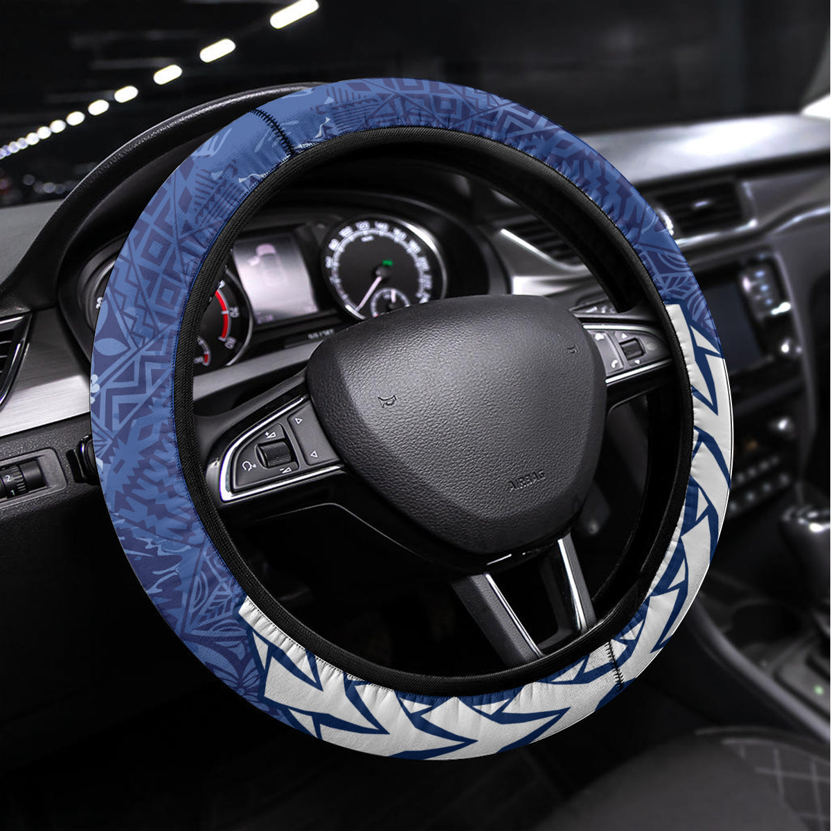 Samoan Tapa Steering Wheel Cover Ula Fala and Teuila Flower LT03 Universal Fit Blue - Polynesian Pride