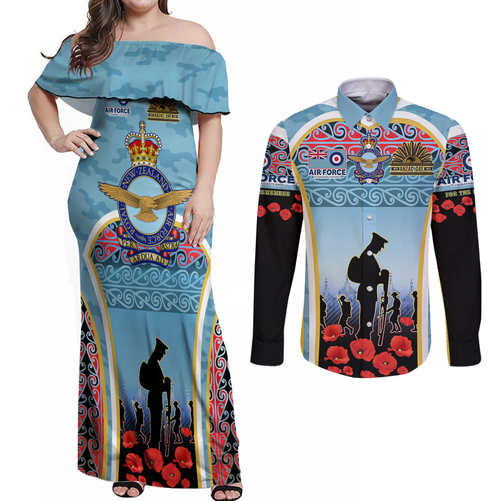 Royal New Zealand Air Force ANZAC Day Couples Matching Off Shoulder Maxi Dress and Long Sleeve Button Shirt Te Tauaarangi o Aotearoa LT03 Blue - Polynesian Pride