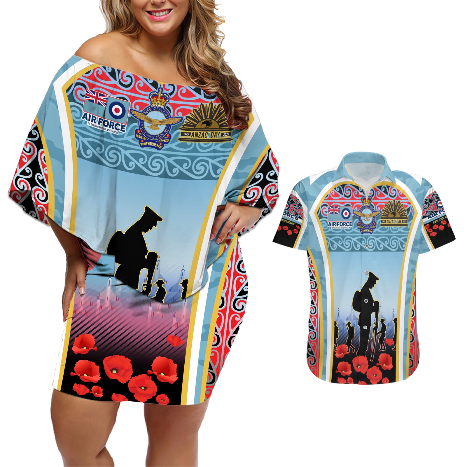 Royal New Zealand Air Force ANZAC Day Couples Matching Off Shoulder Short Dress and Hawaiian Shirt Te Tauaarangi o Aotearoa LT03 Blue - Polynesian Pride