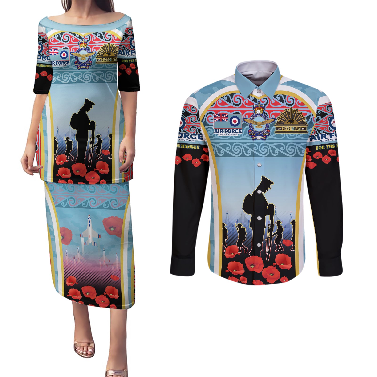 Royal New Zealand Air Force ANZAC Day Couples Matching Puletasi and Long Sleeve Button Shirt Te Tauaarangi o Aotearoa LT03 Blue - Polynesian Pride