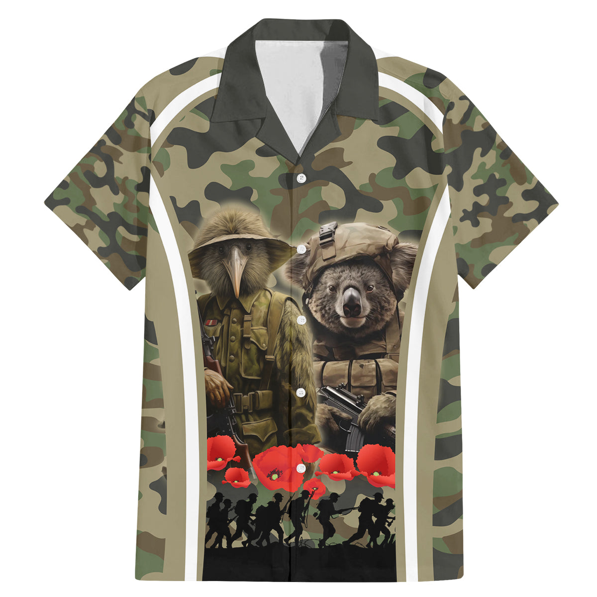 New Zealand and Australia ANZAC Day Family Matching Mermaid Dress and Hawaiian Shirt Koala and Kiwi Bird Soldier Gallipoli Camouflage Style LT03 Dad's Shirt - Short Sleeve Green - Polynesian Pride