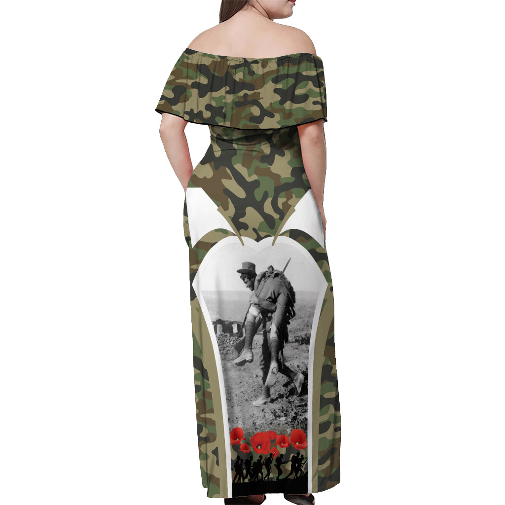 New Zealand and Australia ANZAC Day Off Shoulder Maxi Dress Koala and Kiwi Bird Soldier Gallipoli Camouflage Style LT03 - Polynesian Pride