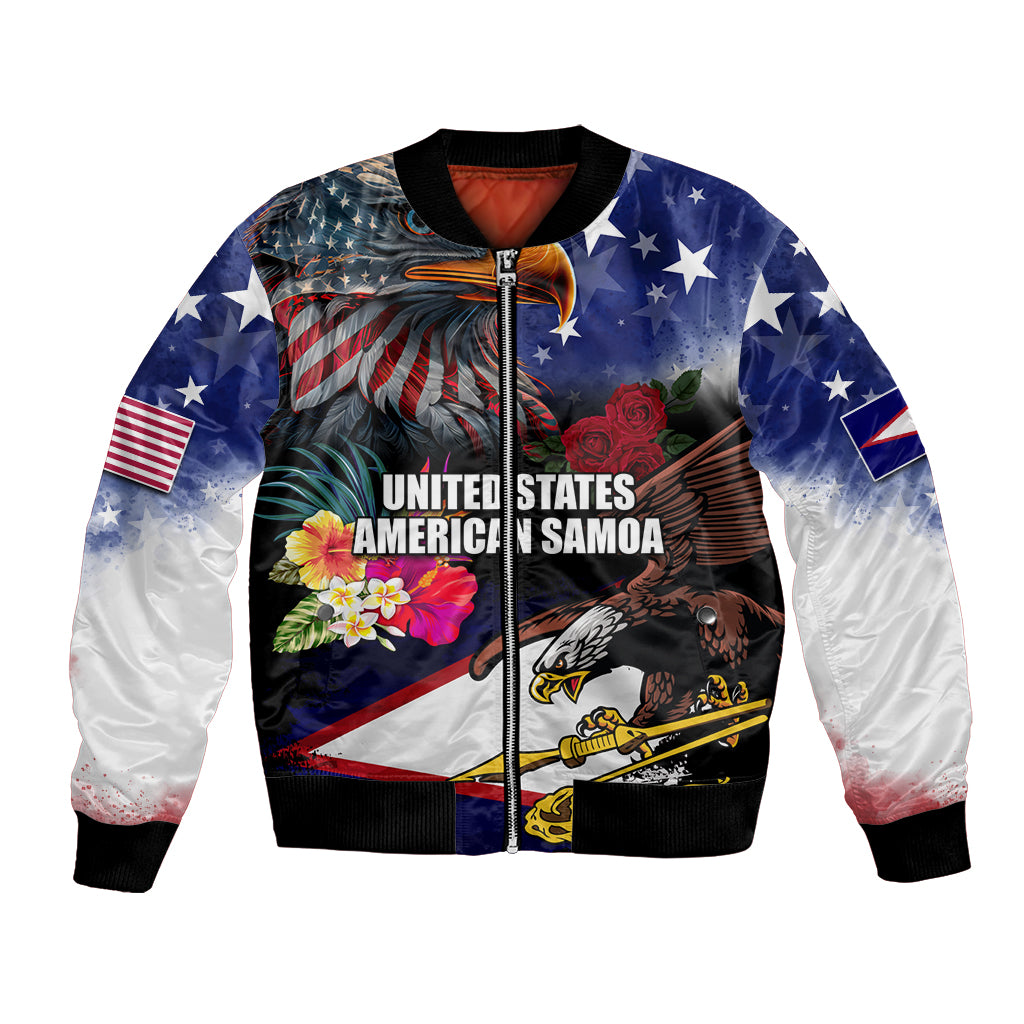 United States and American Samoa Bomber Jacket Bald Eagle Rose and Hibiscus Flower