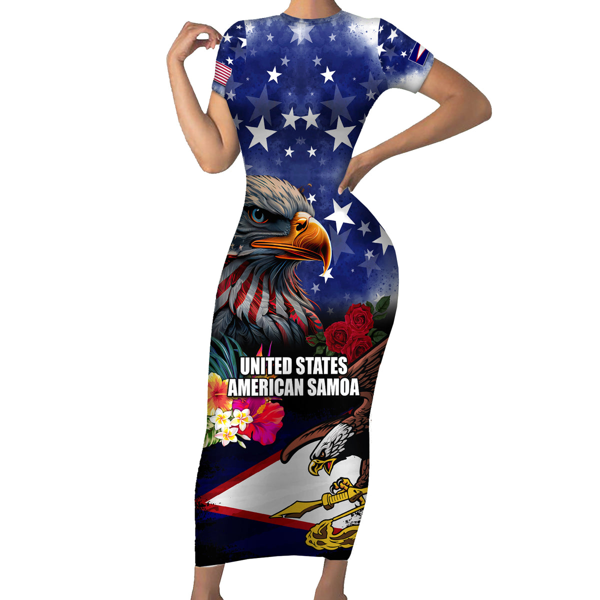 United States and American Samoa Family Matching Short Sleeve Bodycon Dress and Hawaiian Shirt Bald Eagle Rose and Hibiscus Flower