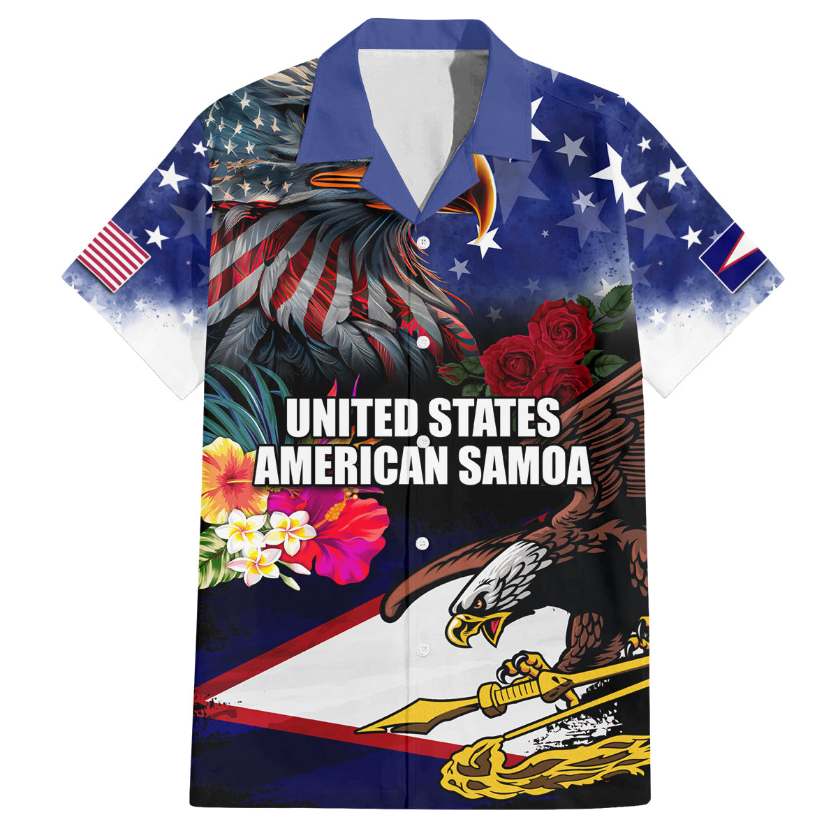 United States and American Samoa Family Matching Tank Maxi Dress and Hawaiian Shirt Bald Eagle Rose and Hibiscus Flower