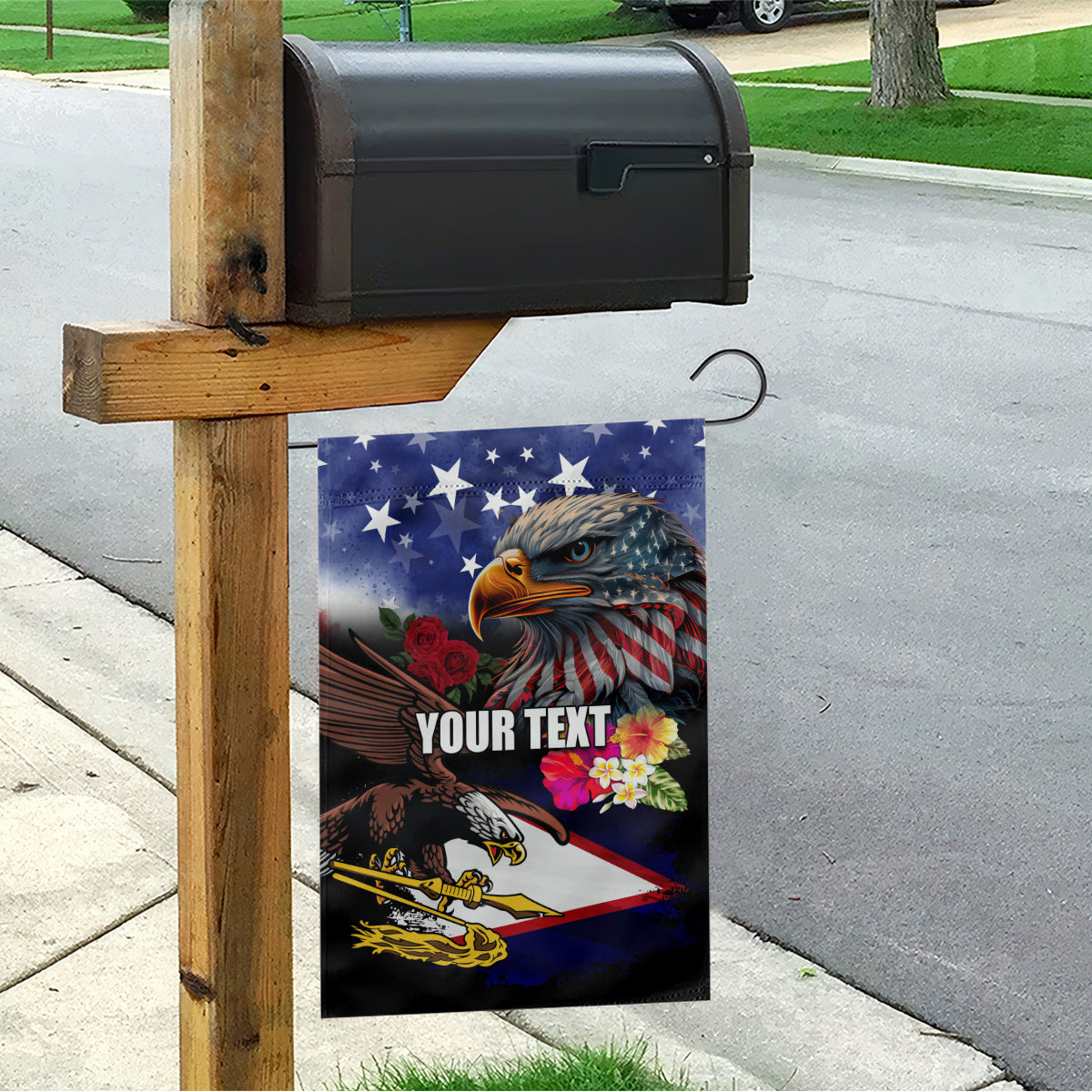 Personalised United States and American Samoa Garden Flag Bald Eagle Rose and Hibiscus Flower