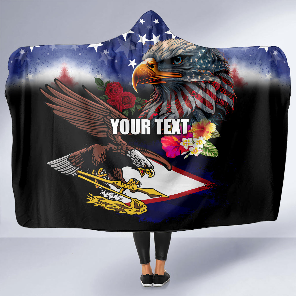 Personalised United States and American Samoa Hooded Blanket Bald Eagle Rose and Hibiscus Flower