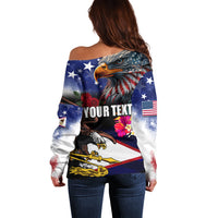 United States and American Samoa Off Shoulder Sweater Bald Eagle Rose and Hibiscus Flower