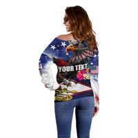 United States and American Samoa Off Shoulder Sweater Bald Eagle Rose and Hibiscus Flower